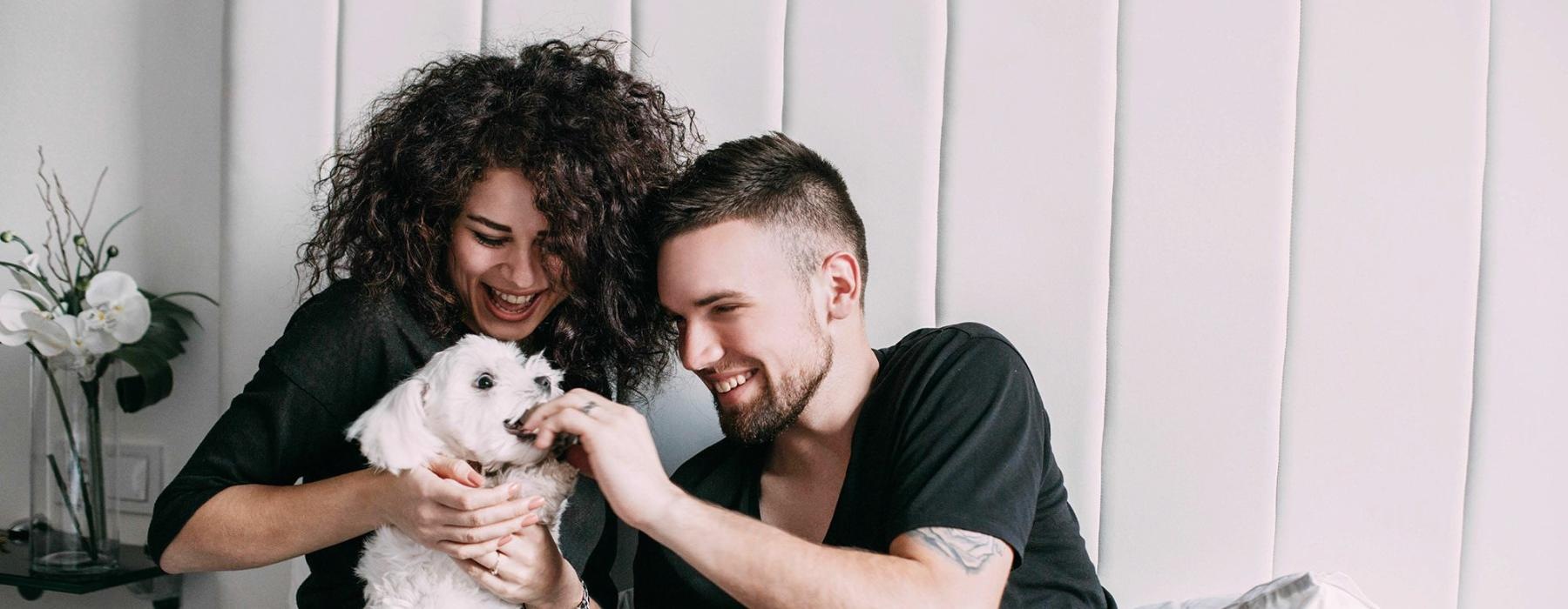 a man and woman sitting on a bed playing with a dog